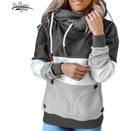 Casual Long Sleeve Pullover Tops Female Autumn Winter Loose Harajuku Drawstring Hoodie Women Patchwork Hooded Sweatshirt 17138