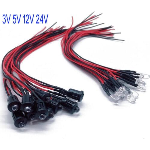 20pcs 3V 5V 12V 24V DC 3mm/5mm Red/Green/Blue/RGB Round Pre-Wired Water Clear LED With Plastic Holder