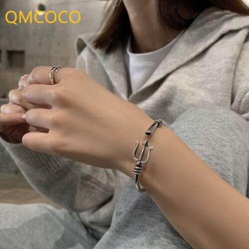 QMCOCO 925 Silver Vintage Bracelet Korean Fashion Personality Harpoon Geometric Open Adjustable Man Woman Bracelet Party Gifts