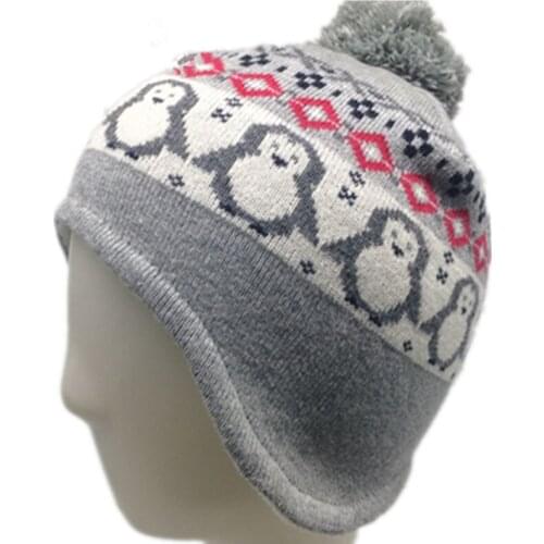 Cartoon Cute animals penguin Hat Knitting Jacquard Cotton Wool Cap Winter Warm Ear protection cap Fleece Lining Beanies with bow