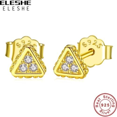 Genuine 925 Sterling Silver Geometric Stud Earrings with Crystal CZ Sparkling Triangle Gold Earrings for Women Fashion Jewelry