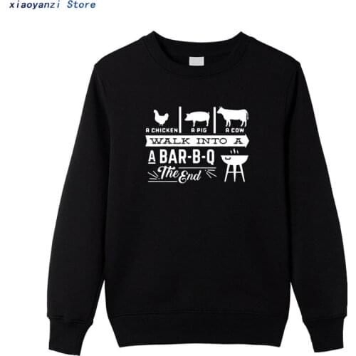 A Chicken Pig Cow Walk Into Barbecue BBQ Funny hoodies Men Cotton Harajuku unisex sweatshirts O Neck Streetwear Black pullovers