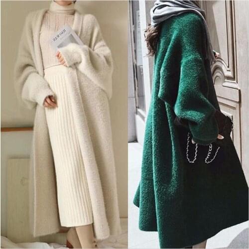 2020 New Autumn Winter Womens Thick Long section Imitation Water velvet Knit Cardigan loose mane Sweater Coat N1083