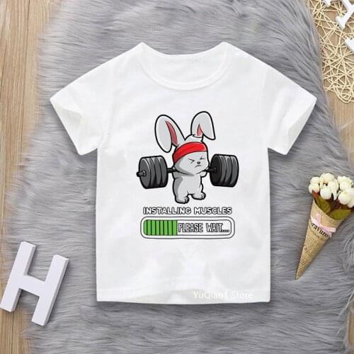 Funny Cartoon T Shirt Cute Gym Bunny Print Childrens T-Shirts Summer Kids White Short Sleeve Top Baby Boys Clothes Girl Tshirt