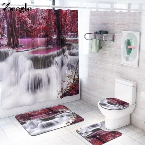 Zeegle Shower Curtain with Bath Mat Set Toilet Pedestal Rug Anti Slip Foot Mat Absorbent Toilet Seat Cover Mat 4pcs Toilet Set