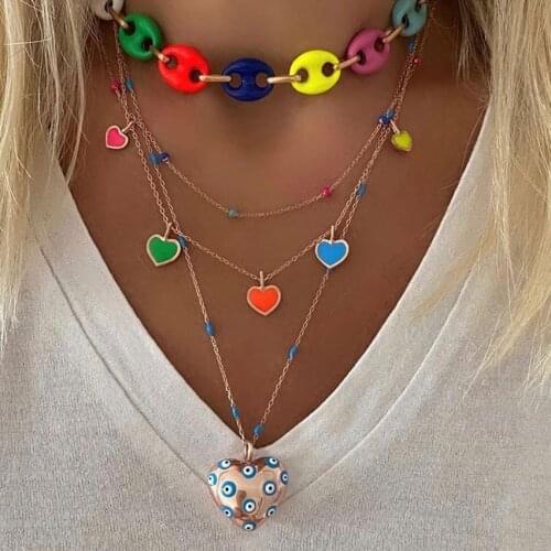 Lady girl party wedding top quality women jewelry link chain blue evil eye heart pendant necklaces layer fashion 2021 new