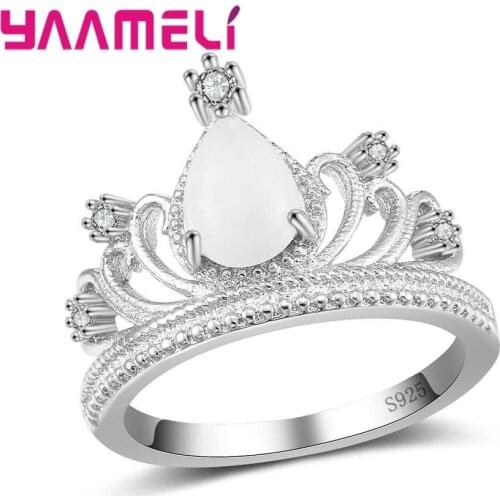 Women Princess Crown Weeding Finger Rings Special Design Water Drop Shape Opal Jewelry Clear Cubic Zirconia Present