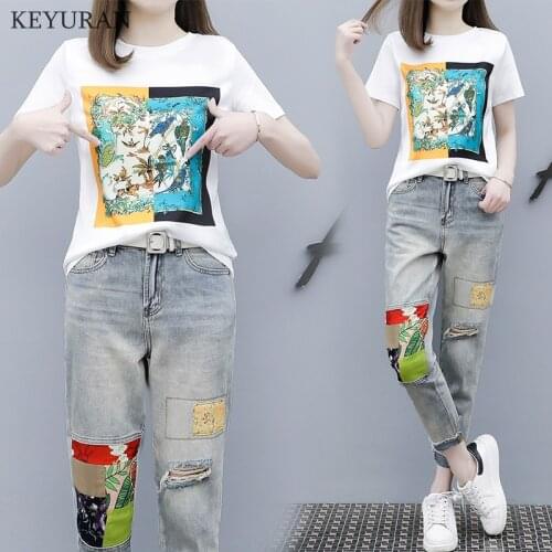 Women Fashion Print Cotton Short Sleeve T-Shirt Tops + Jeans 2 Pieces Sets New Summer Casual Hole Womens Denim Pants TrackSuit