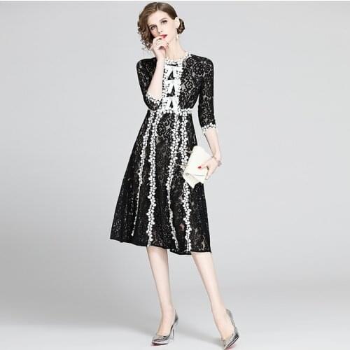 Lace Dress Women High Quality 2021 New Autumn Season Lady Lace Hepburn Style Little Black Fashion Dress Vestido Midi Elegante