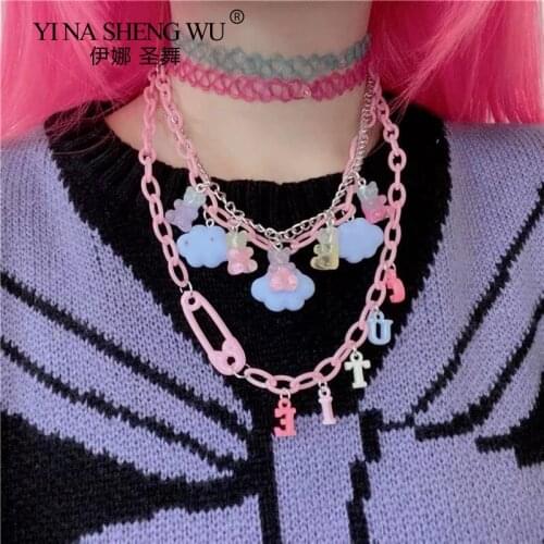 3 Layers Cute Multi Color Letter Bear Pendant Necklace for Women Punk Cloud Shape Handmade Chain Animal Young Girls Neck Jewelry
