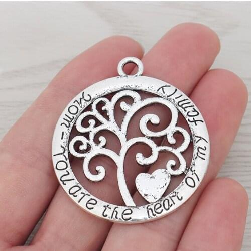 3 x Mom You Are the Heart of my Family Hollow Open Large Round Tree Charms Pendants for Jewelry Making Findings