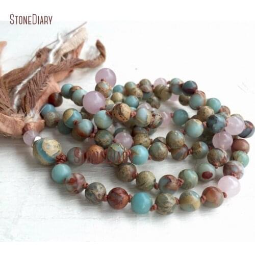 8mm Boho African Opal Mala Beads Necklace Knotted Long Rose Quartzs Sari Silk Tassel Prayer Beads Necklace in 40inch NM11099