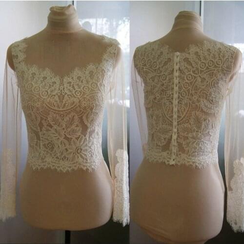 White/Ivory Wedding Jackets Lace Top Long Sleeve Bridal Bolero Scoop Neck Custom Buttons Back
