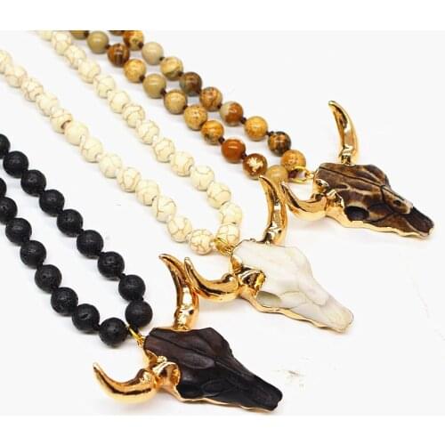 Bohemian Tribal Jewelry Natural Lava Stone Turquoise Long Knotted Handmade Bull Head Pendant Necklace Women Ethnic Sweater Chain