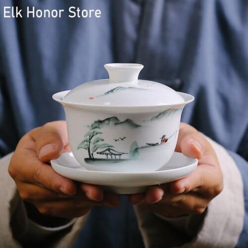 Dehua Ceramic Eight Treasures Tea Making Bowl Hand-painted White Porcelain Kung Fu Tea Set Sancai Cover Bowl Office Decoration