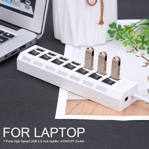 Compact USB 2.0 Adapter Hub 7 Ports Widely Compatible LED High-speed Power ON/OFF USB Splitter Dock Cable for MacBook