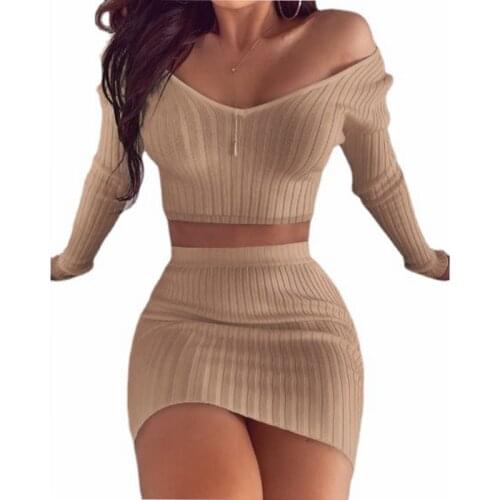 2PCS Sets Long Sleeve Casual Bodycon Outfits V Neck Crop Top Knitting Ribbed Fashion Women Sexy Skirt Co-ord Set