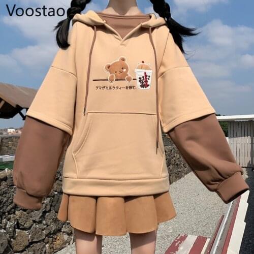 Sweet Fashion Hoodies Women Spring Cute Bear Embroidery Fleece Sweatshirts Autumn Girls Harajuku Long Sleeve Hooded Pullovers