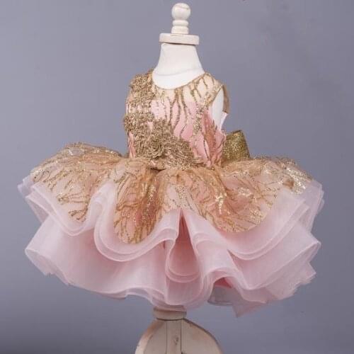 Cute Infant Girls Dresses Champagne Lace Flowers Pink Organza Knee Length Flower Girl Dress Kids First Birthday Party Gowns