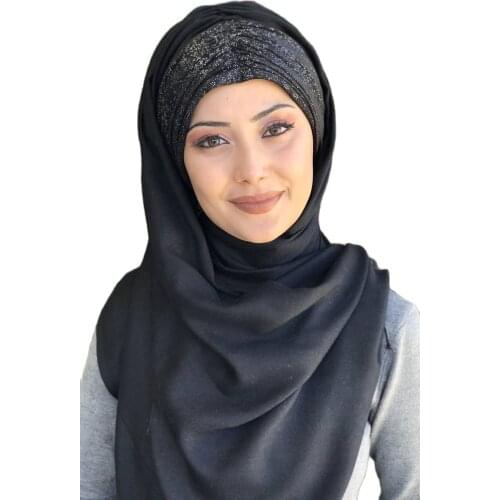 New Fashion Hijab 2021 Women Muslim Chiffon Headscarf Islamic Turban Womens Hat Small Shimmer Black Color Shirred Shawl