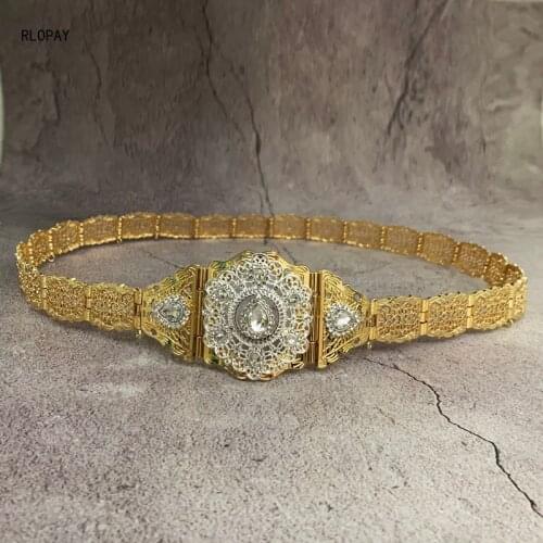 RLOPAY New Water Drop Rhinestone Wedding Belts Morocco Trendy Luxury Golden Waist Chains for Gown Arabic Kaftan Belts
