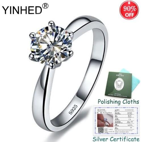Sent Silver Certificate! YINHED 100% 925 Sterling Silver 1ct 6mm CZ Diamant Solitaire Rings for Women Engagement Jewelry ZR553