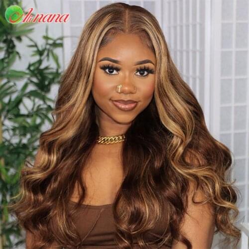 Brazilian 4x4 Lace Closure Wig Ombre Highlights Blonde Color Body Wave Frontal Human Hair Wigs Pre-Plucked With Natural Hairline