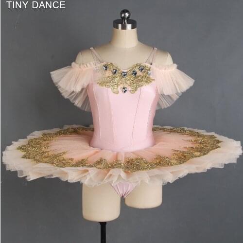Off-the-shoulder Pre-Professional Ballet Costume Solo Dance Pancake Tutu Dress Pale Pink Spandex Bodice Pleated Tutus BLL405-1