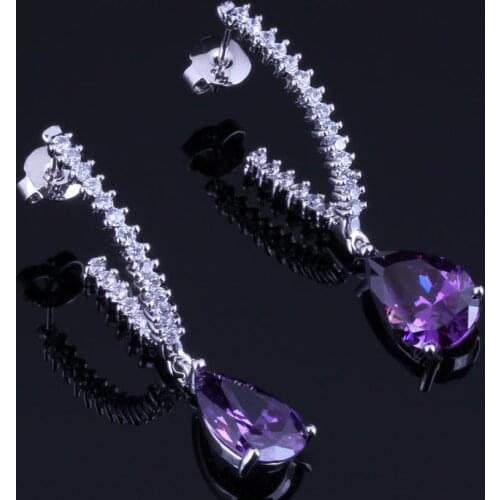 Heavenly Water Drop Purple Cubic Zirconia White CZ Silver Plated Drop Dangle Earrings V0363