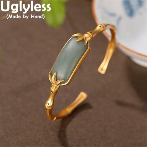 Uglyless Natural Grey Lavender Jade Bangles for Women Handmade Bamboo Bangles Real 925 Silver Ethnic Jewelry Square Gemstones