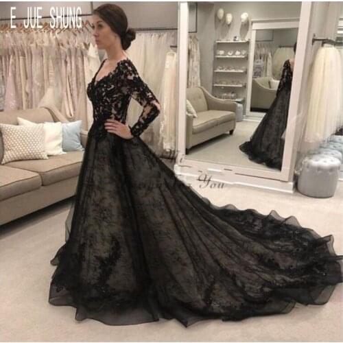E JUE SHUNG Vintage Long Black Wedding Dress V Neck Long Sleeves A Line Wedding Gowns Open Back Bride Dresses Vestidos De Noiva