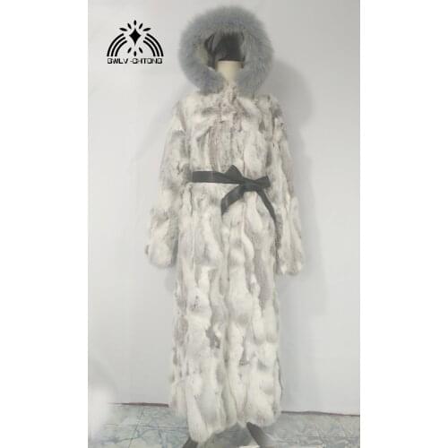 New genuine natural real rabbit fur coat with fox fur hood women X-long fashion jacket ladies outwear custom any size
