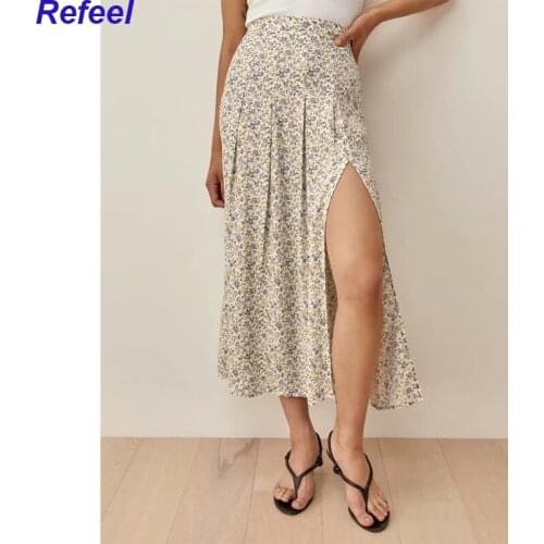 Elegant Chic Green Floral Print Midi Skirts Women Retro Zipper High Waist Split Female Chiffon Skirt