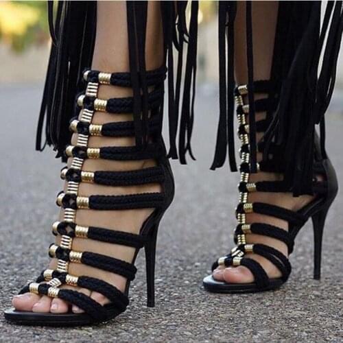Women Summer Shoes 2018 Fashion Weaving Rope Metal Decoration Heels Sandals Sexy Peep Toe Strappy Female Shoes Real Photos