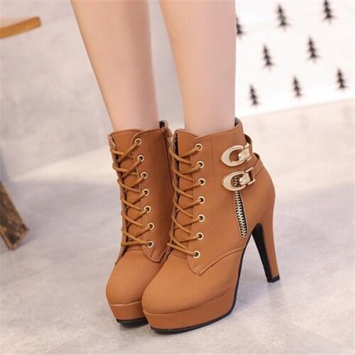 Women Boots Sexy High Heels Platform Ankle Boots For Women Botas Femininas Mujer Lace-up Fashion PU Leather Boots
