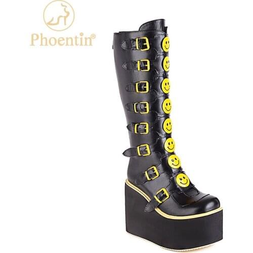 Phoentin Gothic Cosplay Wedges High Heels Women Boots Fashion Metal Buckle Platform Knee High Boots Punk Shoes Woman FT1725