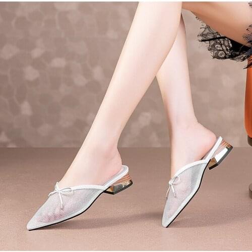 QZYERAI Brand Summer Women Black Slippers Womens Shoes Genuine Leather Cowhide Net Yarn Bow Slippers Mules Shoes