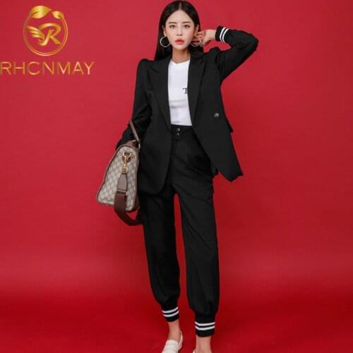 2020 New Fashion Women Pant Suits Long Sleeve Belted Blazer Long Trousers Suit Office Lady Work wear 2 Pieces set Womens Set