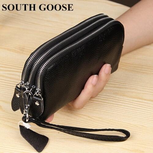 SOUTH GOOSE Genuine Leather Women Wallet Luxury Long Clutch Bag Female Large Capacity Three Layers Zipper Phone Pouch Coin Purse