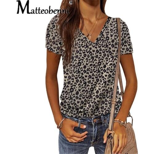 New Fashion Splice Leopard Print Short Sleeve Slim Tops For Summer 2021 Female Casual V-Neck Hedging Large Size Fashion T-Shirts