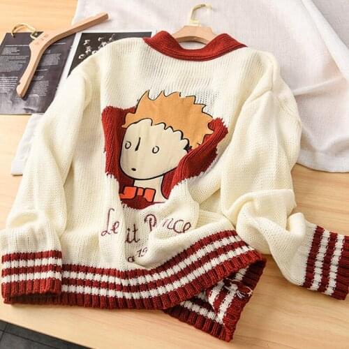 Little Prince Knitted Cardigan 2021 Spring and Autumn New Casual V-neck Loose Lazy Jacket Embroidered Contrast Line Sweater y2k