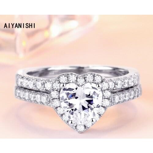 AIYANISHI 925 Sterling Silver Wedding Ring Set Halo Heart Finger Ring Set for Women Silver Engagement Bridal Ring Set Jewelry