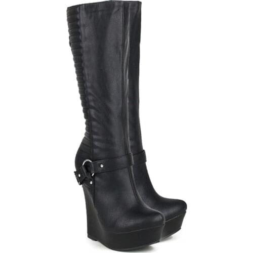 Winter Locomotive Womens Shoes Belt Metal Chain Leather Platform Wedges Booties High Heels Knee-high Long Chelsea Boots Botas