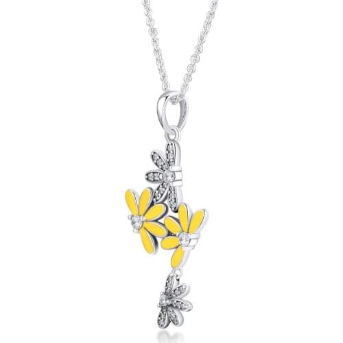 100% 925 Sterling-Silver-Jewelry Enchanted Dazzling Half Daisies Pandant Necklaces with Yellow Enamel Free Shipping