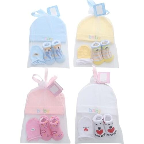 3 Pcs/set Cartoon Cotton Baby Boys Girls Hat and Gloves Infant Newborn Toddlers Bathing Gifts Cute Socks Cap Set