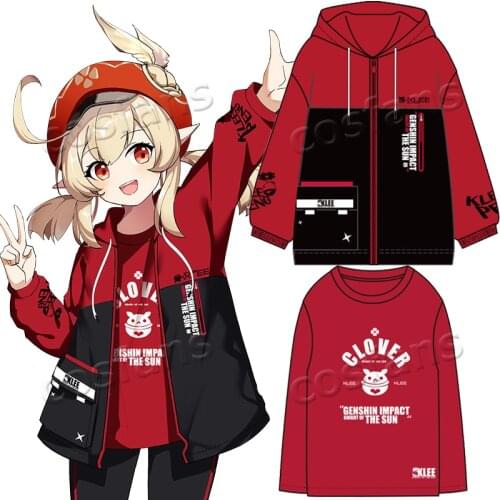 Anime Genshin Impact Klee Fashion Red Black Cardigan Hooded Coat Men Women Plush Hoodie Jacket Long Sleeve Pullover Tops Shorts