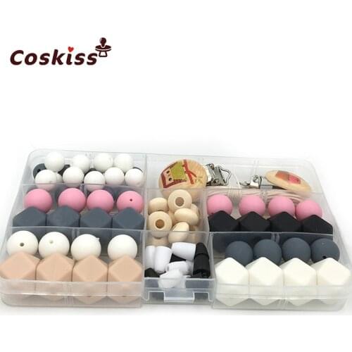 Baby Teether Toys Bright Colors Silicone Teething Kit Geometric Hexagon Silicone Wooden Rings Teething Bead DIY Nursing Necklack