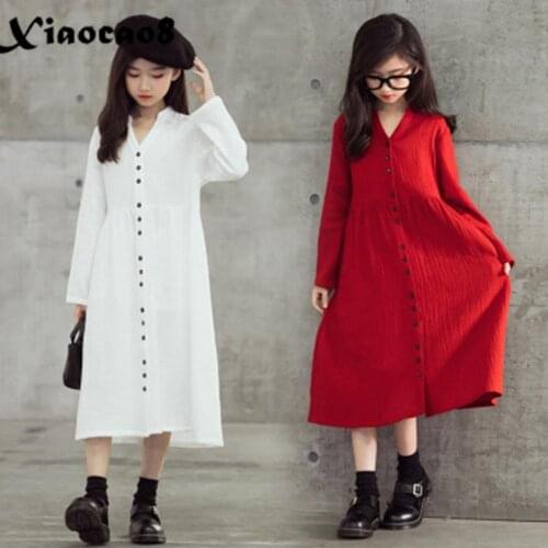Kids Cotton V Neck Dresses for Teen Girls Mid-Calf Long Sleeve Princess Dress Children Button Solid Dress Big Girls Clothes 8 12
