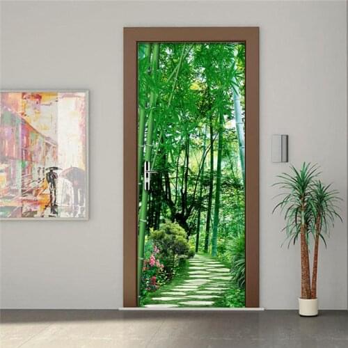 Door Stickers 3D Bamboo Forest Waterproof Living Room Bedroom Door Wallpaper Self-Adhesive Wall Decals Photo Wallpaper Sticker