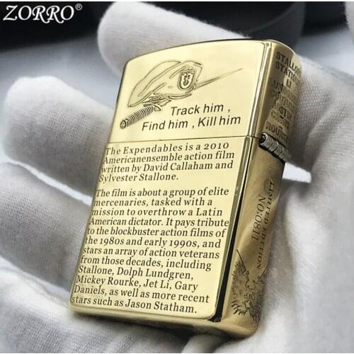 Zorro Kerosene Lighter Pure Copper Carving Army Pattern Brass Gasoline Lighter Men Gift Cigarette Accessories